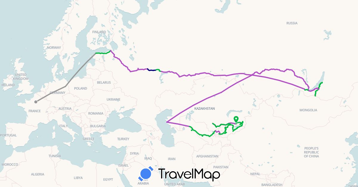 TravelMap itinerary: driving, bus, plane, train in Germany, Estonia, France, Kyrgyzstan, Kazakhstan, Russia, Uzbekistan (Asia, Europe)